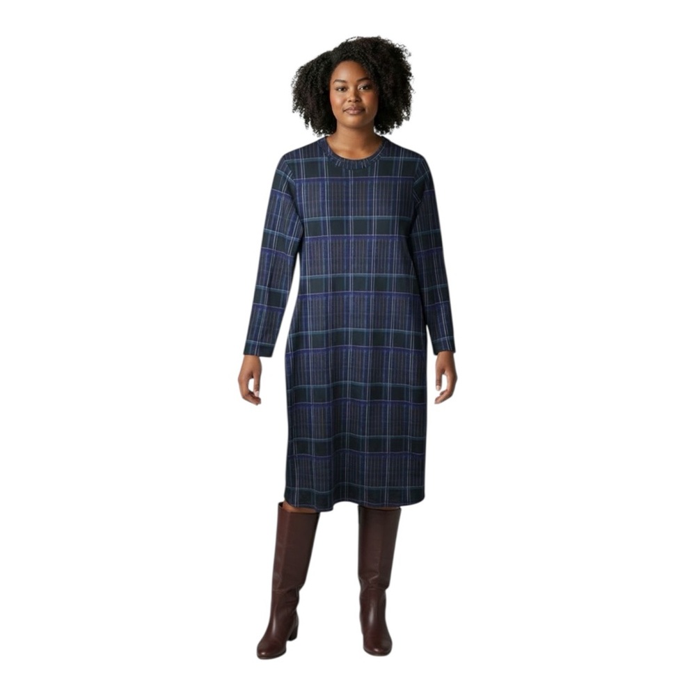 The Kit. Midi Long Sleeve Tee Dress In Indigo Plaid Minimalist Staple Piece